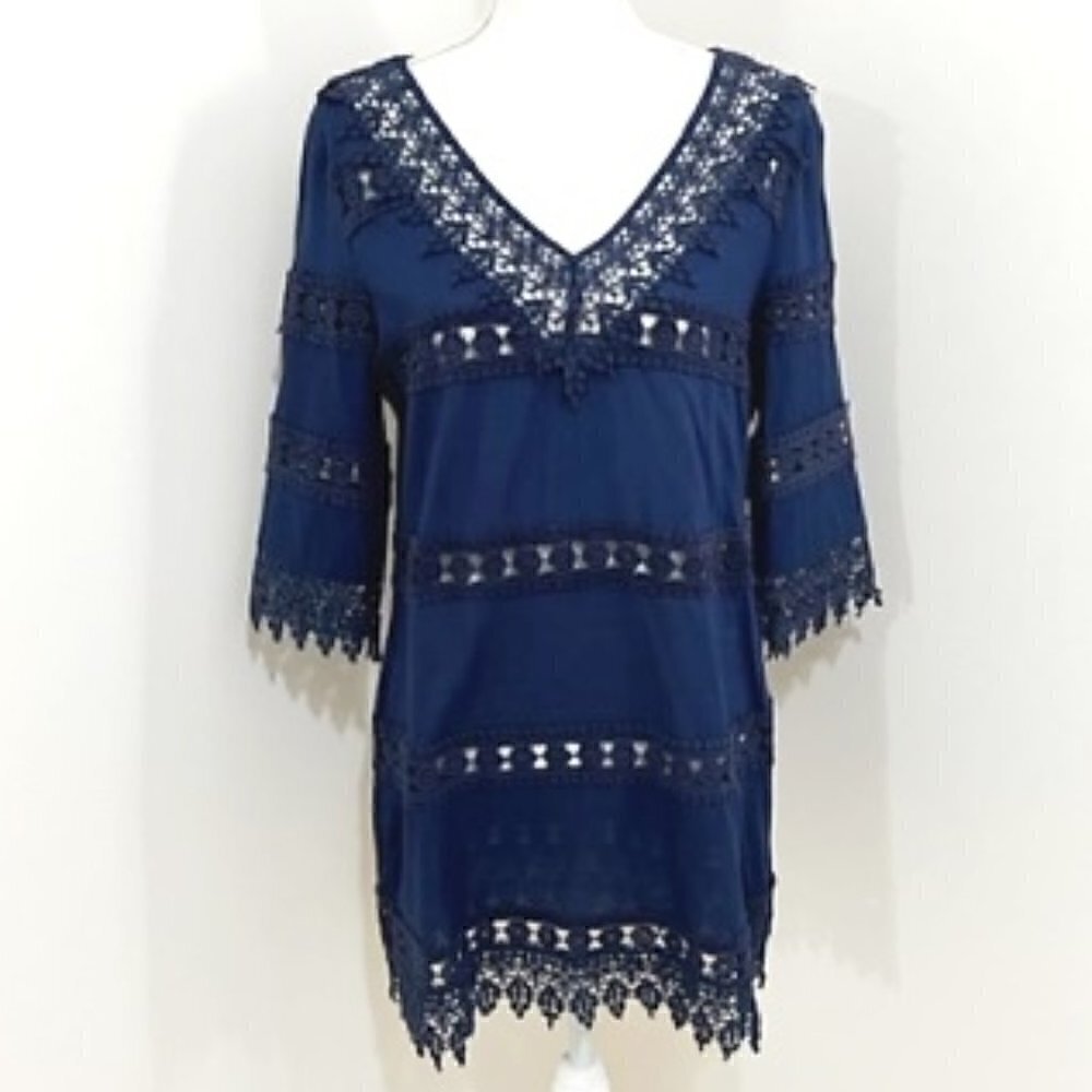 Antonio Melani Swim Coverup V-Neck Tunic Blue Crochet